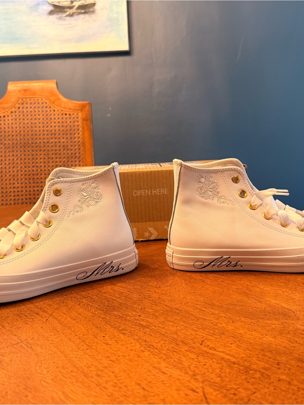 Converse White High-Top Bridal Sneakers with Gold Eyelets